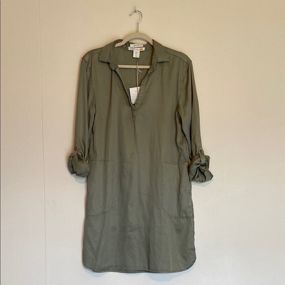 NWT Olive V-Neck Button Down Shirt Dress Safari Sleeves Casual Pullover Neutral